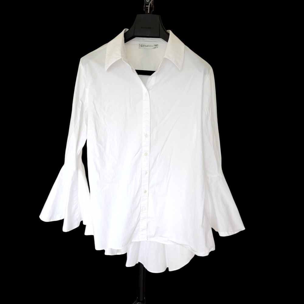 Neiman Marcus White Bell Sleeve High Low Button Down Shirt Blouse 1X